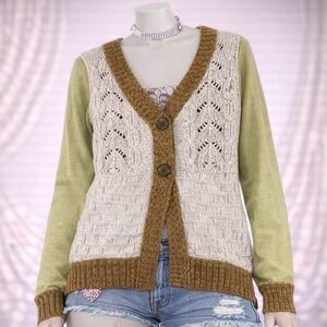 BKE Cardigan Sweater Womens Medium Green Beige Pointelle Cable Knit Boho Y2K